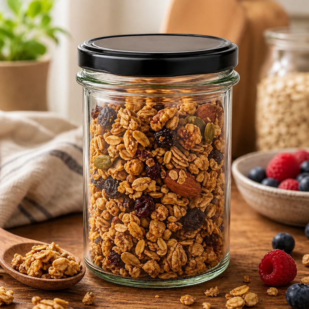 230ml pot BasicSeal noir rempli de mélange de noix Müsli montre une conservation polyvalente pour les fruits secs snacks