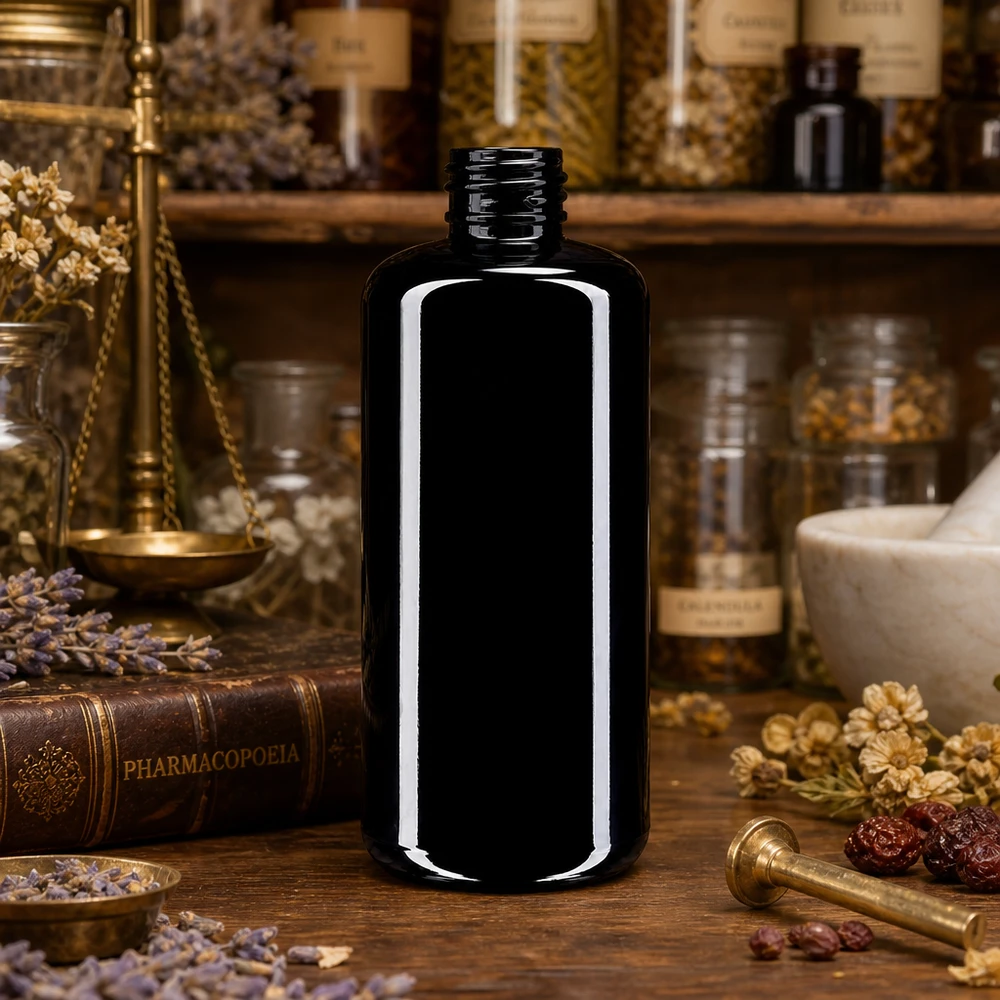 Flacon en verre violet 200 ml GCMI 410/24 (verre Miron) Flacon cosmétique compact Draco de 200 ml en verre violet anti-lumière, parfait pour les voyages et les déplacements.