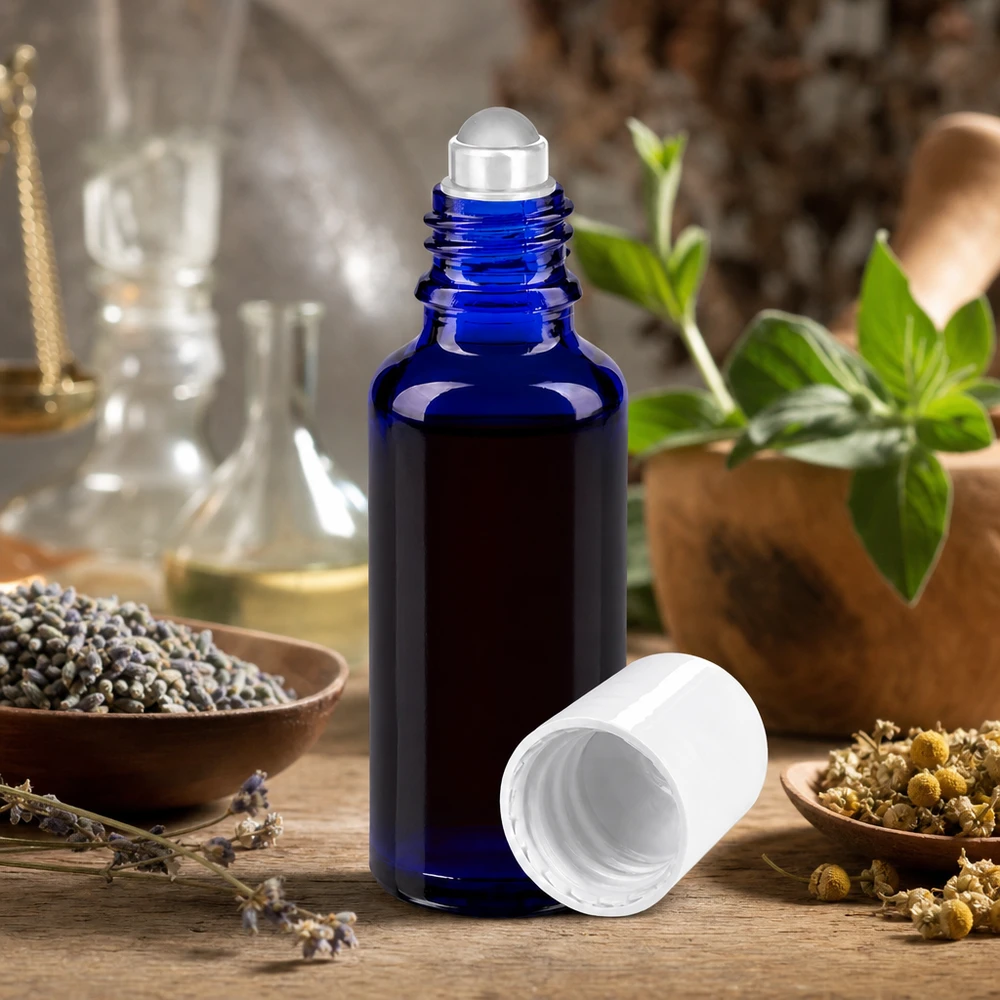 Flacon roll-on bleu STD de 30 ml en verre d'apothicaire avec un bouchon blanc, entre des herbes aromatiques et de la lavande