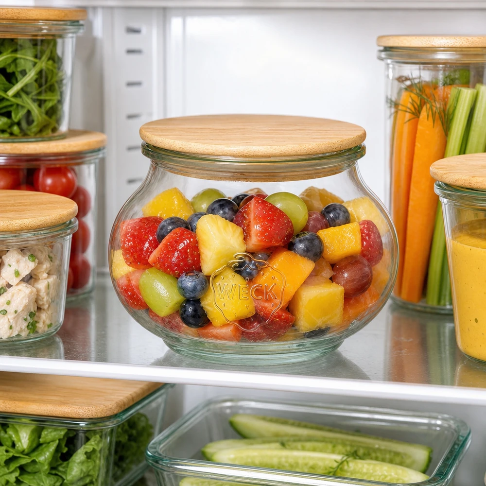 WECK Pot à provisions 560ml RR80 avec couvercle en bois rempli de salade de fruits au réfrigérateur conservation organisée des aliments