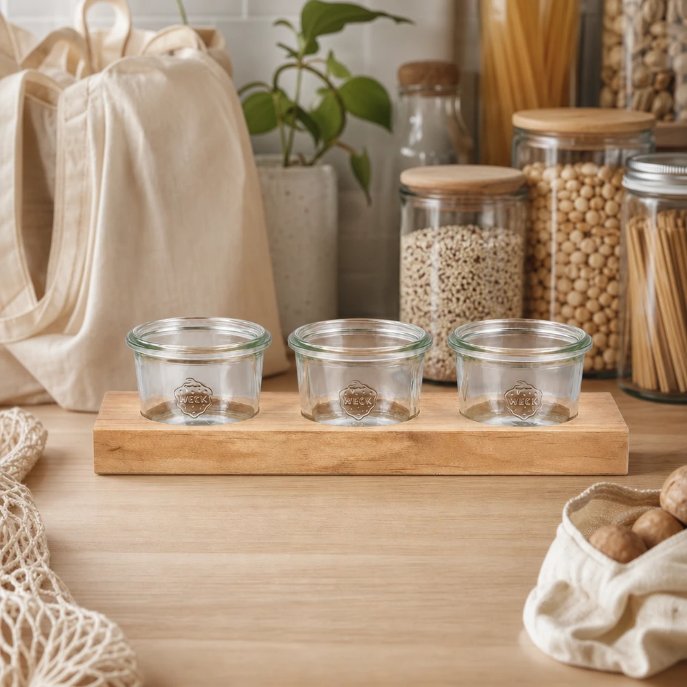 Planche de service durable Plano3 avec 3 bocaux vides Weck 80ml dans la cuisine Zero Waste avec des bocaux à provisions