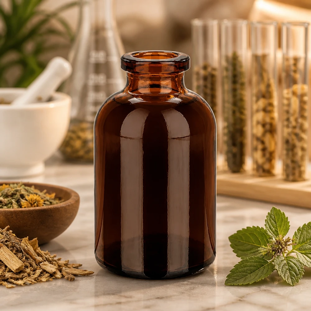 Flacon pour solution injectable, 30 ml en verre ambré Injektionsflasche Braunglas 30ml für Kräuterextrakte auf Marmorunterlage mit Mörser im Hintergrund