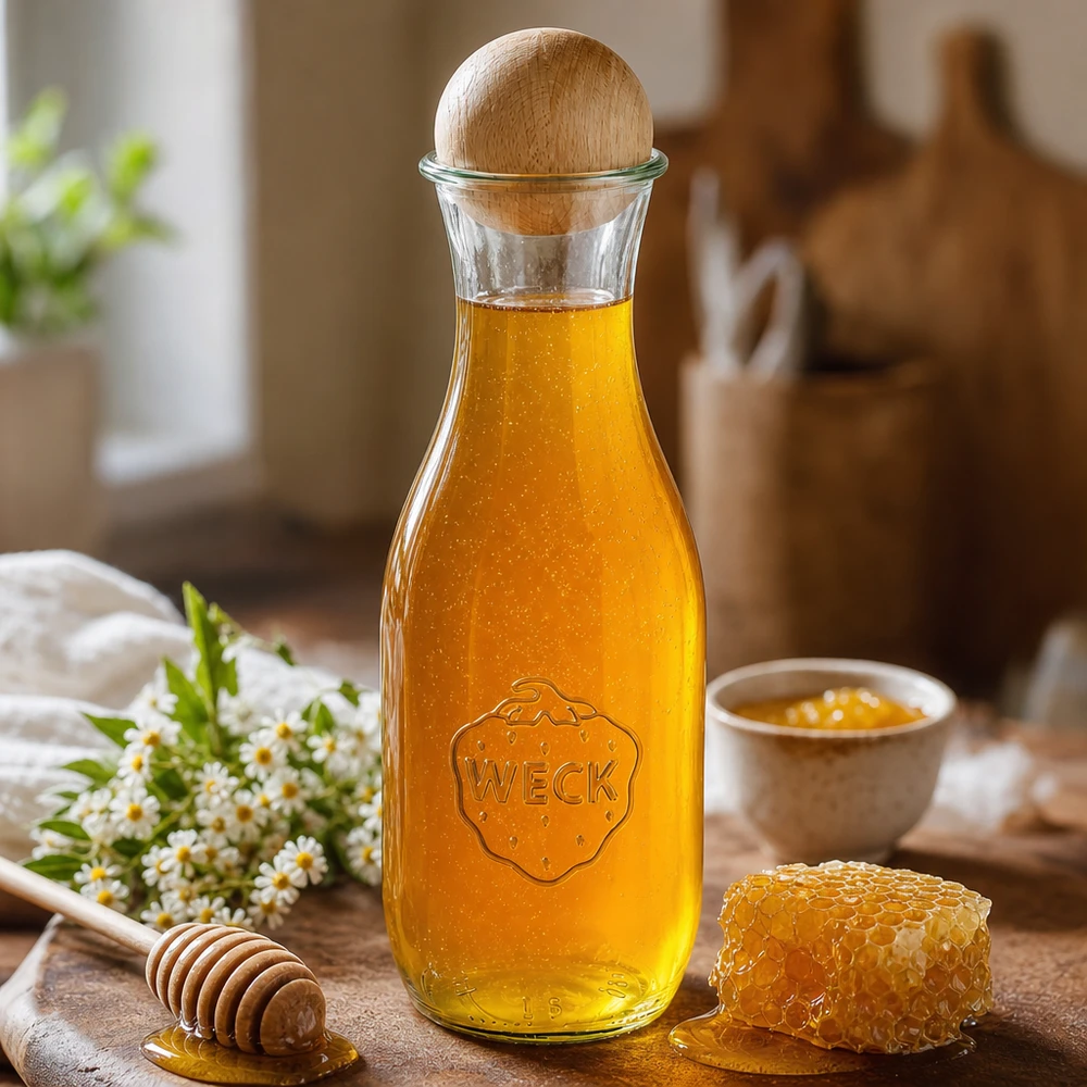 WECK Bouteille de jus de fruit 1062ml remplie de miel à côté d'un nid d'abeille Cuillère à miel en bois et fleurs de camomille sur une table en bois