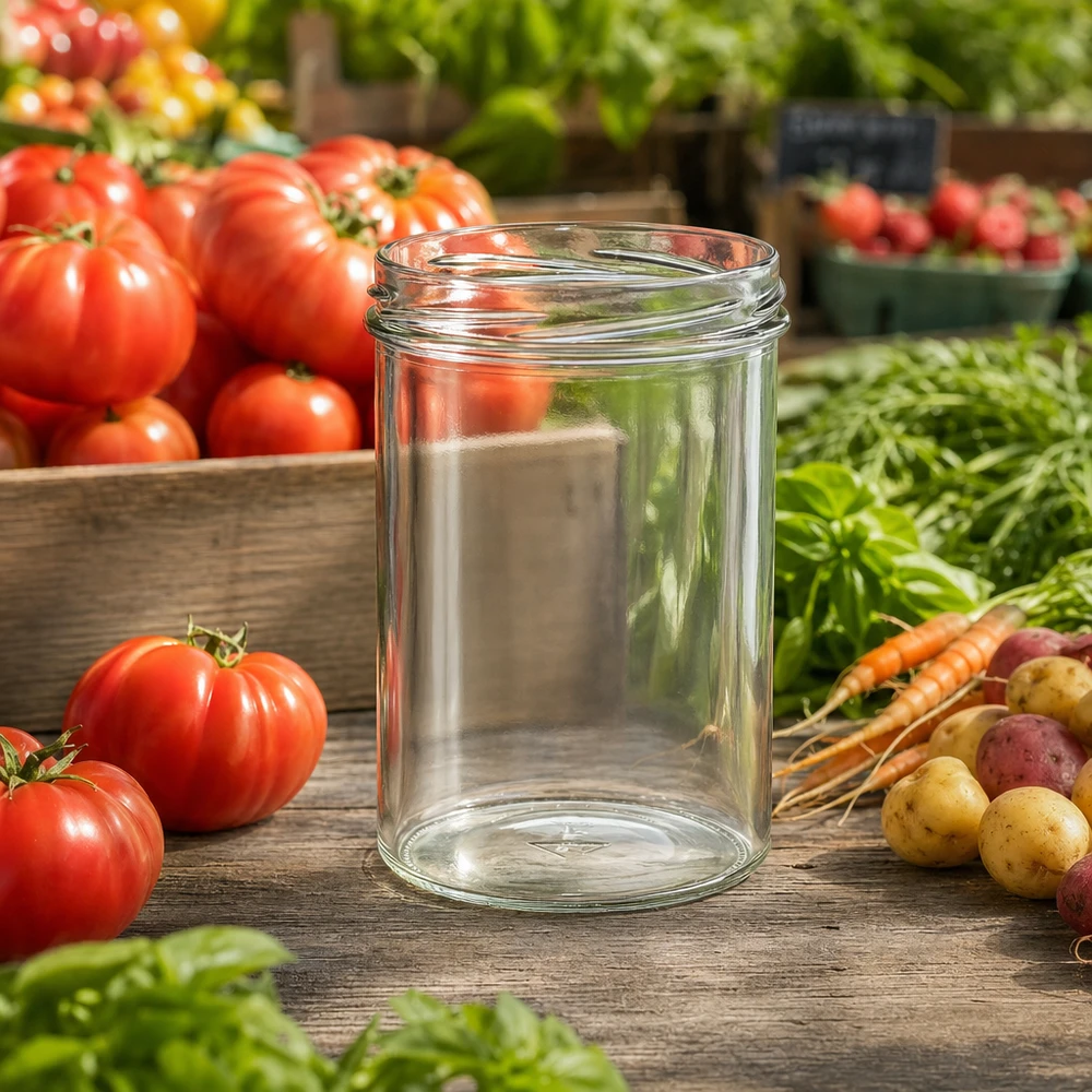 UNiTWIST Chute435 Pot de conserve 435ml TO82 sur table en bois avec tomates fraîches carottes et herbes aromatiques dans le jardin