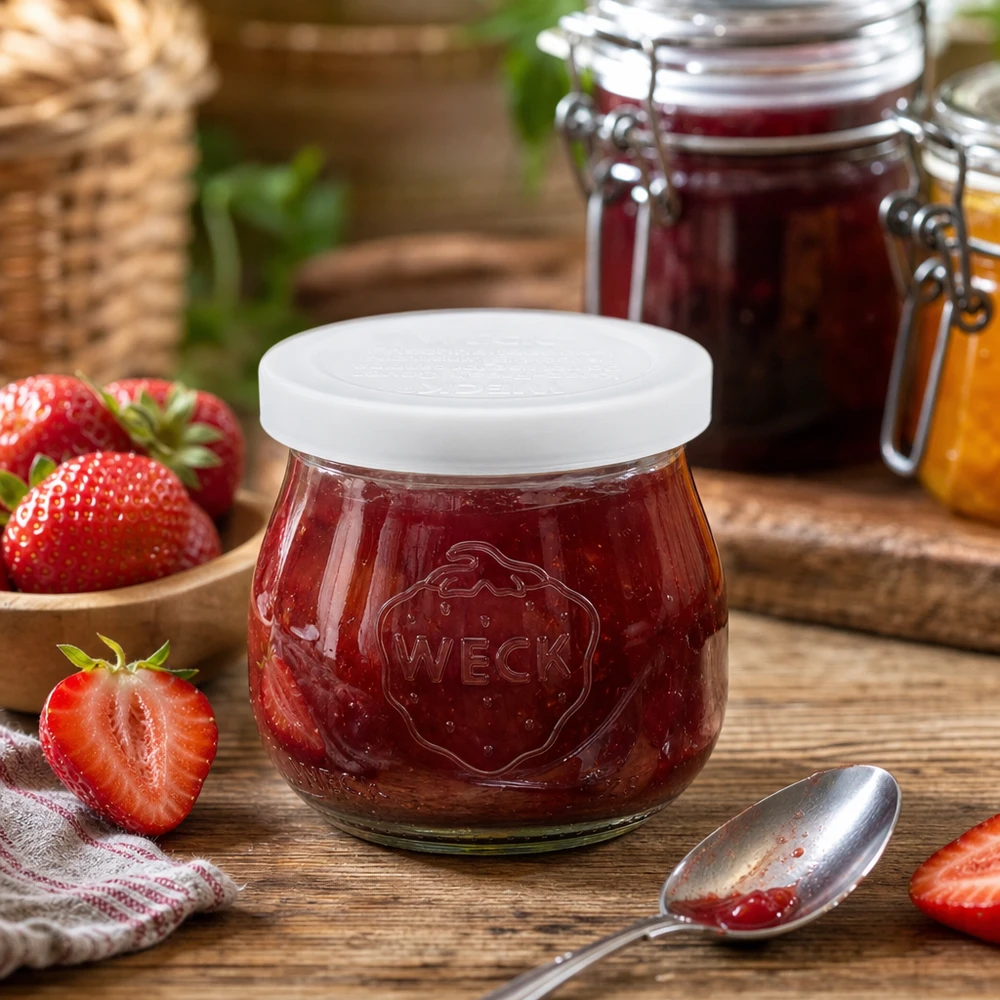 75ml bocal tulipe avec couvercle fraîcheur WECK RR40 WECK Pot de tulipe de 75 ml rempli de confiture de fraises à côté de fraises fraîches sur une table en bois RR40 Pot de conservation