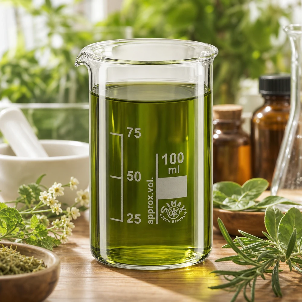 Verre à bec de 100 ml, de forme haute, contenant un extrait d'herbes vert, entouré d'herbes médicinales fraîches