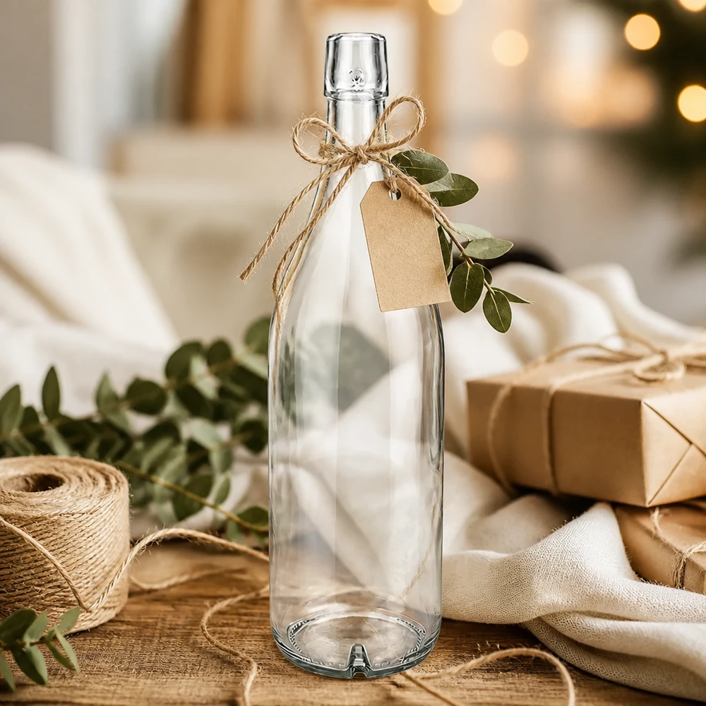 Bouteille en verre 1000ml UNiTWIST vide décorée avec de la ficelle de jute et une étiquette cadeau comme idée de cadeau sur un support en bois