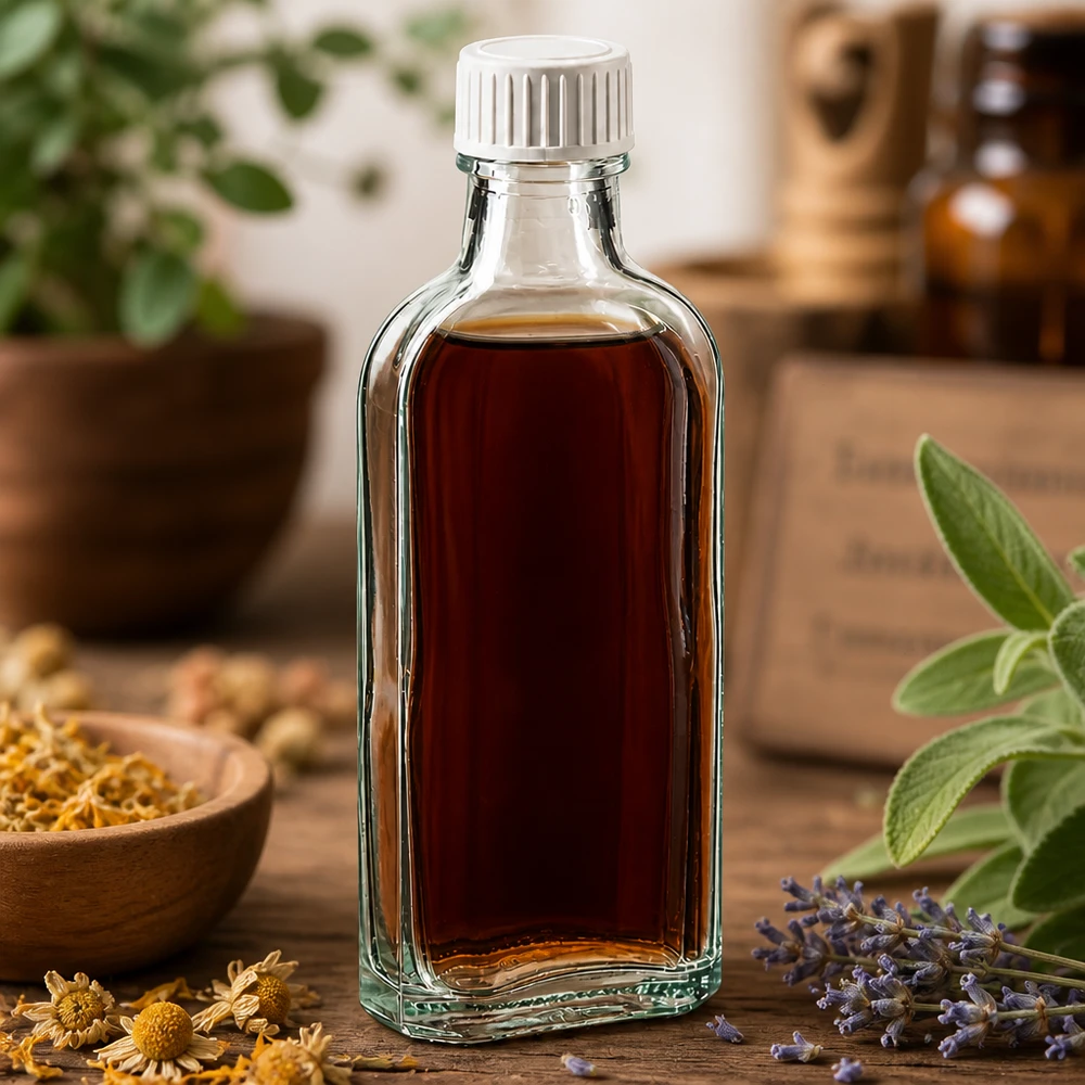 Teinture d'herbes brune dans un flacon en verre Meplat de 100 ml muni d'un bouchon à vis blanc, posé sur une table en bois