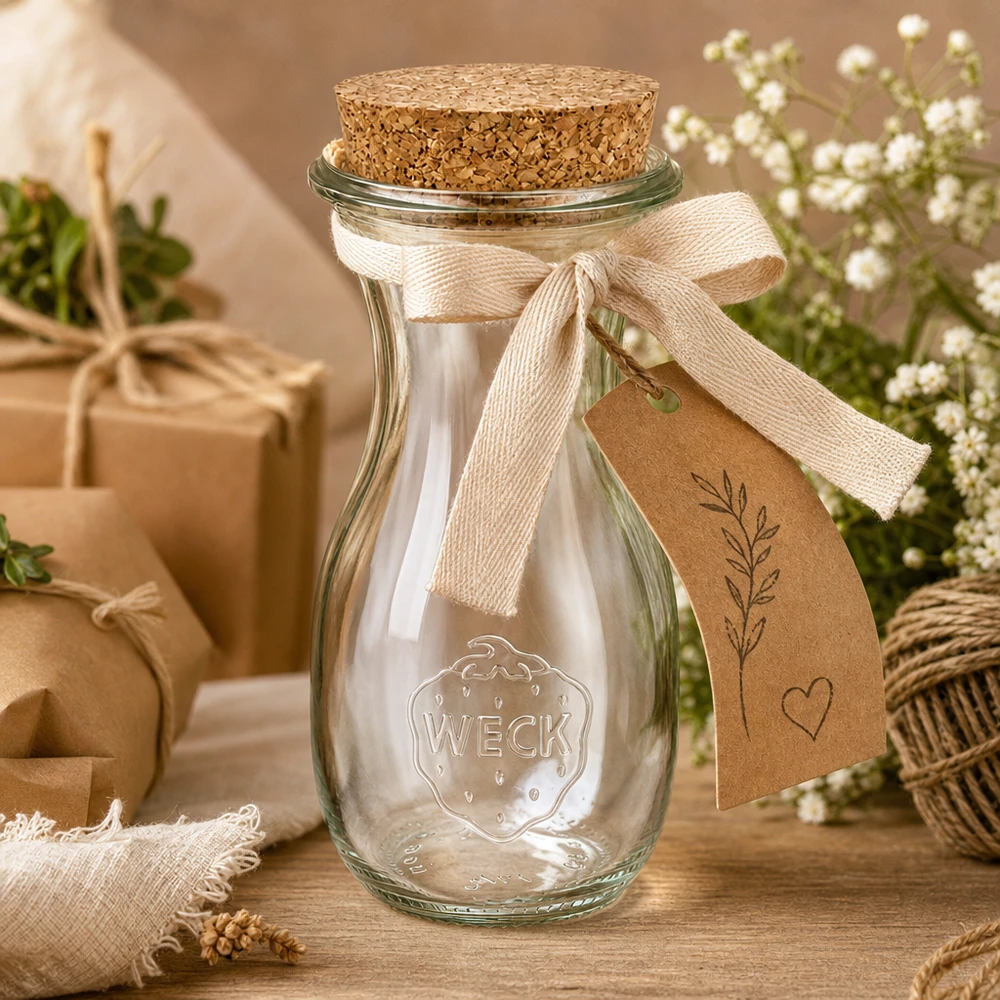 WECK Bouteille de jus de fruits 290ml décorée avec un ruban et une étiquette cadeau comme idée de cadeau dans un environnement décoratif naturel