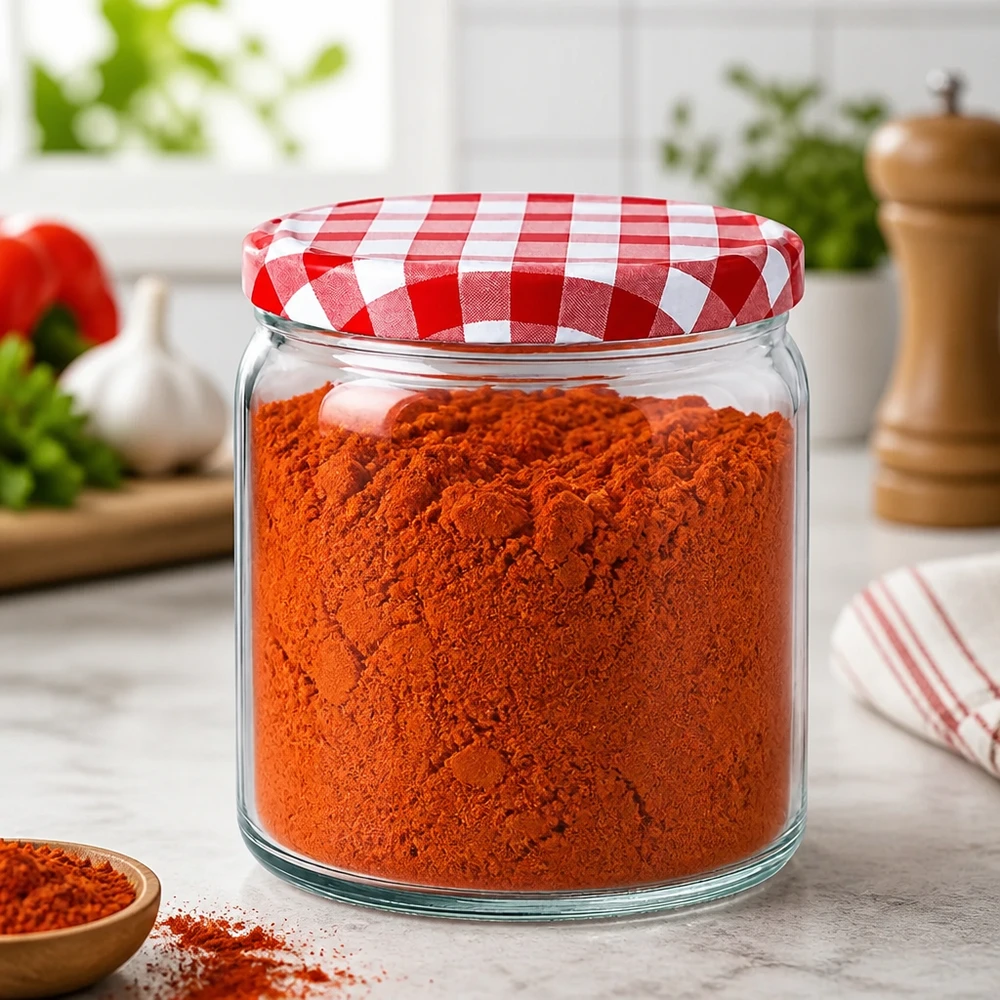408ml Verre rond avec couvercle BasicSeal rouge/blanc UNiTWIST 408ml pot rond rempli de paprika en poudre BasicSeal couvercle rouge blanc à carreaux pot à épices conservation cuisine