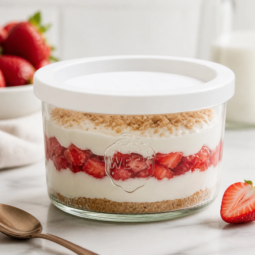 200ml bocal conique avec couvercle fraîcheur WECK RR80 WECK Pot renversé 200ml RR80 avec dessert à la fraise et couvercle blanc pour les desserts et les entremets en pot