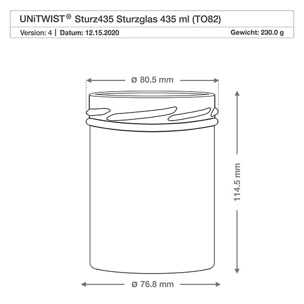 Dessin technique UNiTWIST Sturz435 Pot de conserve 435ml avec dimensions Diamètre 80,5mm Hauteur 114,5mm TO82