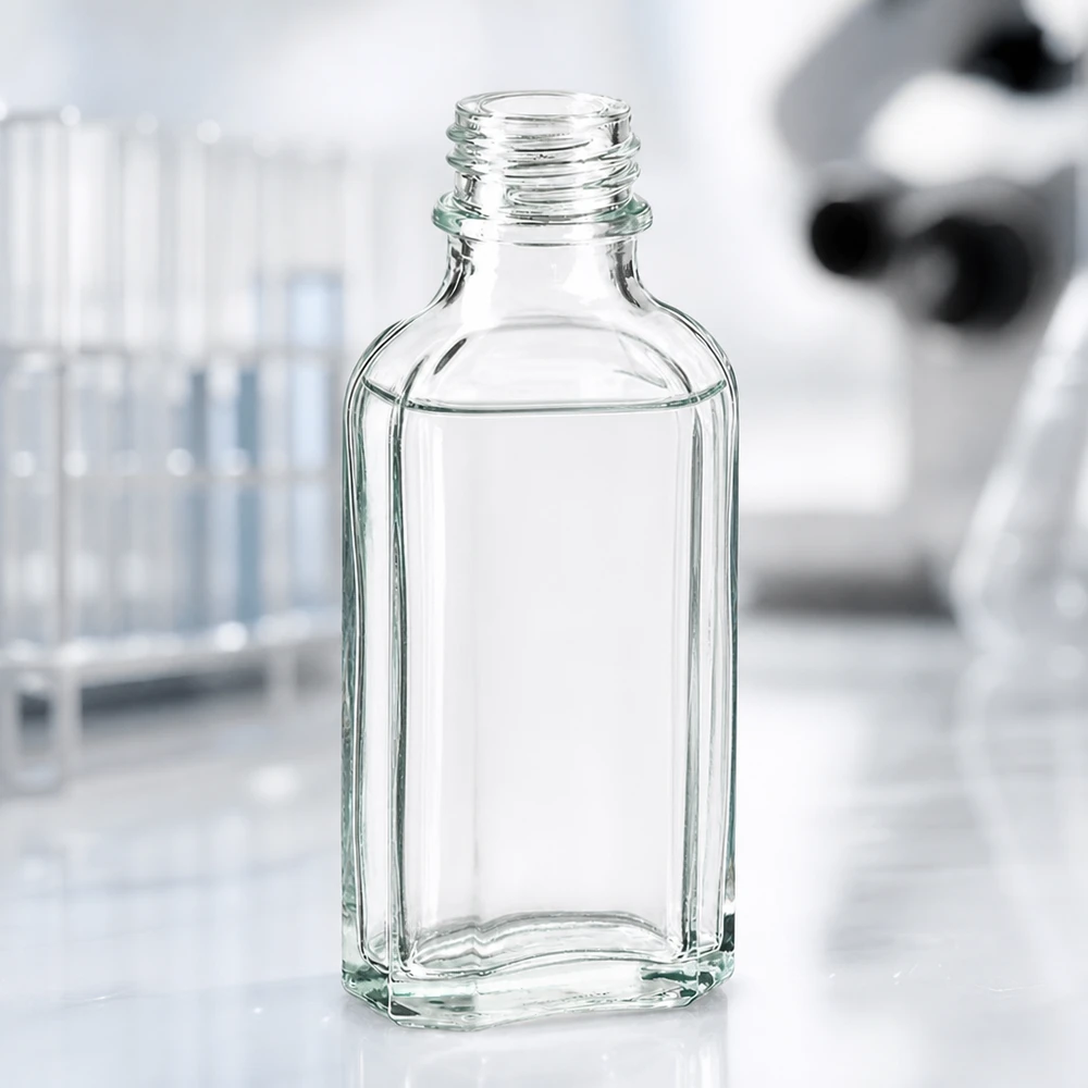 Flacon Meplat plat de 50 ml, transparent, avec une forme rectangulaire caractéristique et un bouchon à vis DIN22