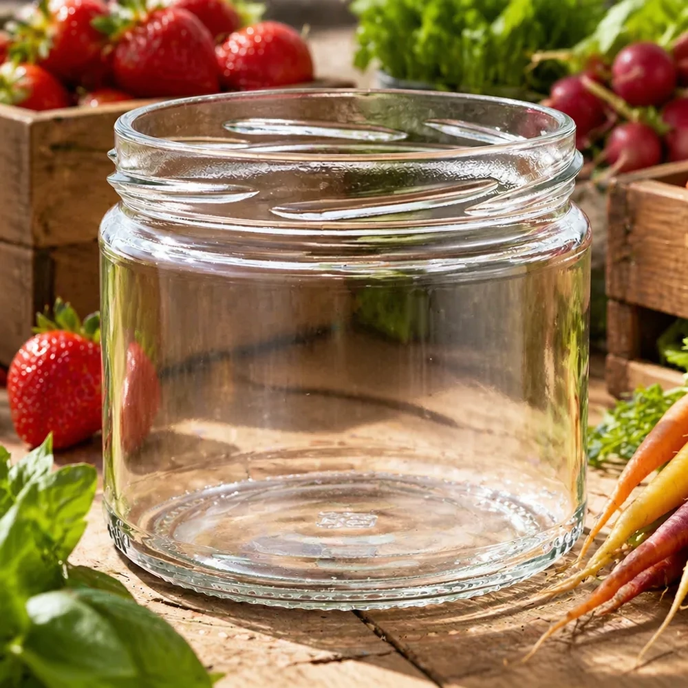 UNiTWIST Runda330 Verre rond 330ml TO82 vide sur planche en bois avec légumes frais Fraises Carottes Radis arrangés