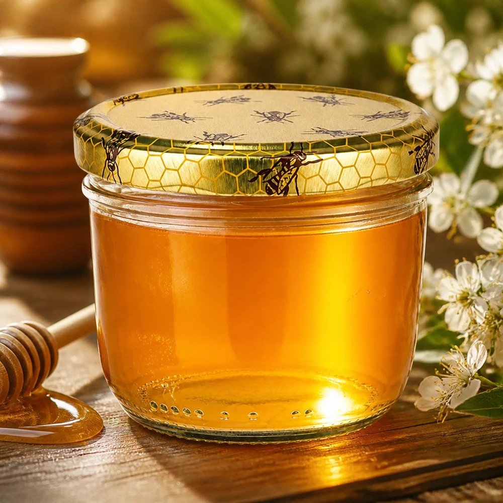 230ml Verre conique avec couvercle BasicSeal nid d'abeilles UNiTWIST Pot de 230 ml avec couvercle en nid d'abeille rempli de miel doré à côté d'une cuillère à miel et de fleurs blanches sur une table en bois.