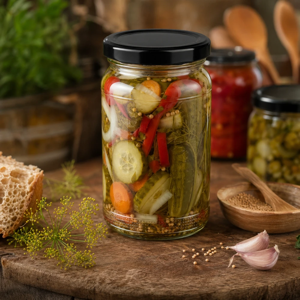 UNiTWIST Pot rond 110ml rempli de légumes marinés avec couvercle TO48 noir entre les épices sur planche en bois