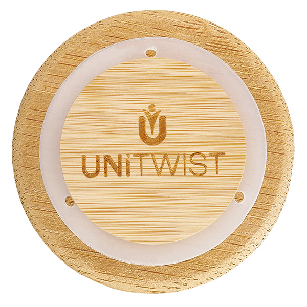 Couvercle en bois WECK RR40 version A par le haut avec gravure du logo UNITWIST et structure en bois de chêne veiné naturel