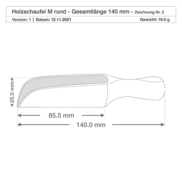 Dessin détaillé de la pelle en bois M aux dimensions précises de 85,5mm de largeur de pelle et 25mm de hauteur pour une utilisation en cuisine