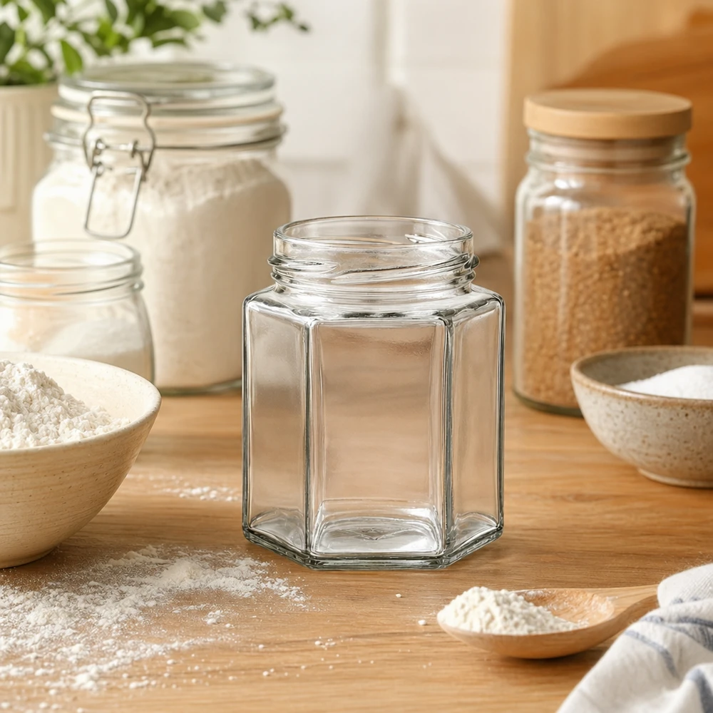 UNiTWIST Hexa196 verre hexagonal 196ml TO53 pas de vis vide sur table en bois dans cuisine moderne avec bocaux à provisions