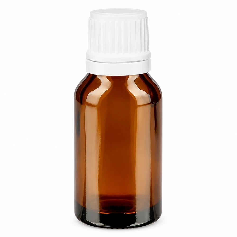 Flacon de pharmacie marron de 15 ml avec bouchon d'inviolabilité blanc et compte-gouttes en verre de 1,2 mm