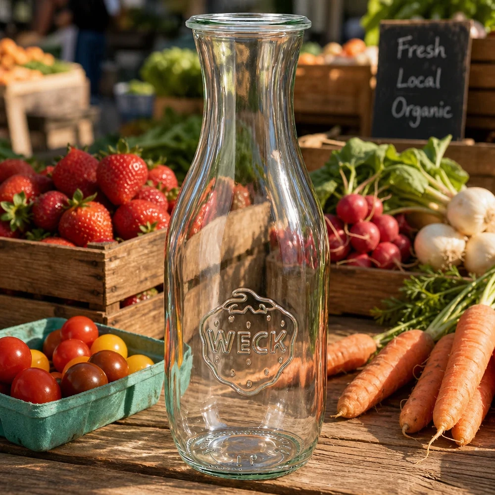 WECK Bouteille de jus 1062ml RR60 sur table en bois avec légumes frais du marché carottes radis tomates et panneau bio