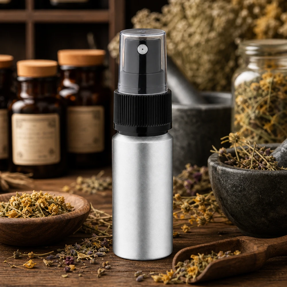 Bouteille en aluminium teinté 20 ml, avec vaporisateur à pompe noir Flacon en aluminium résistant à la corrosion de 20 ml avec vaporisateur à pompe pour les extraits de plantes