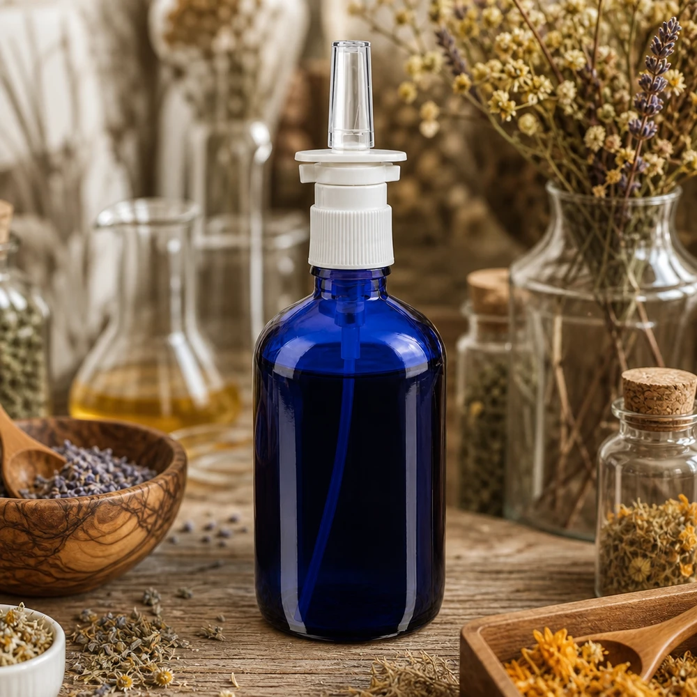 Flacon en verre d'apothicaire bleu de 100 ml muni d'un embout de spray nasal, posé parmi des herbes séchées et des plantes médicinales