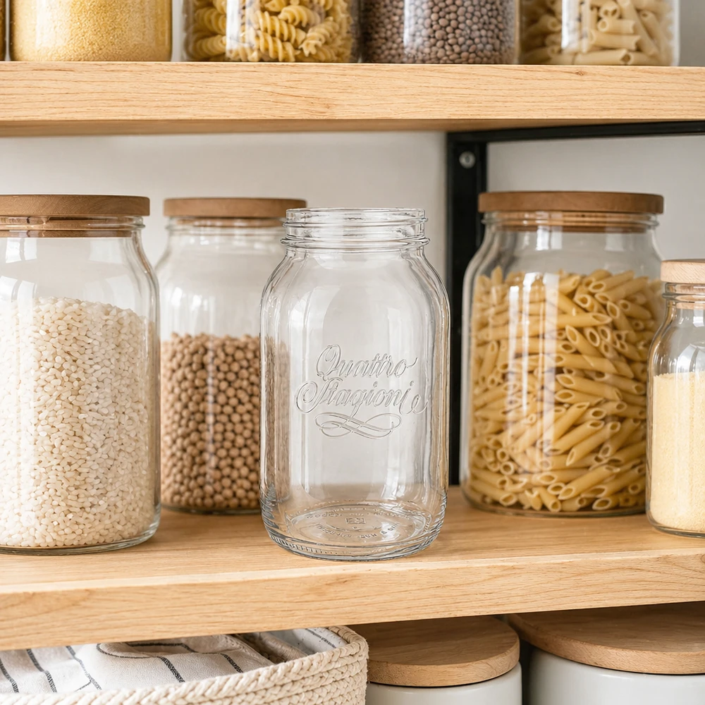 1500ml Quattro Stagioni Verre de ménage vide sur une étagère en bois à côté de bocaux à provisions remplis de pâtes et de légumineuses