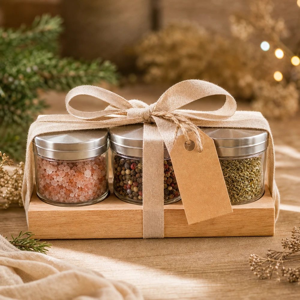 Plateau de service Plano3 pour 3 bocaux WECK Planche à servir Plano3 Set cadeau avec des épices dans des bocaux WECK - Sel de l'Himalaya Poivre Herbes aromatiques dans une boîte en bois avec ruban