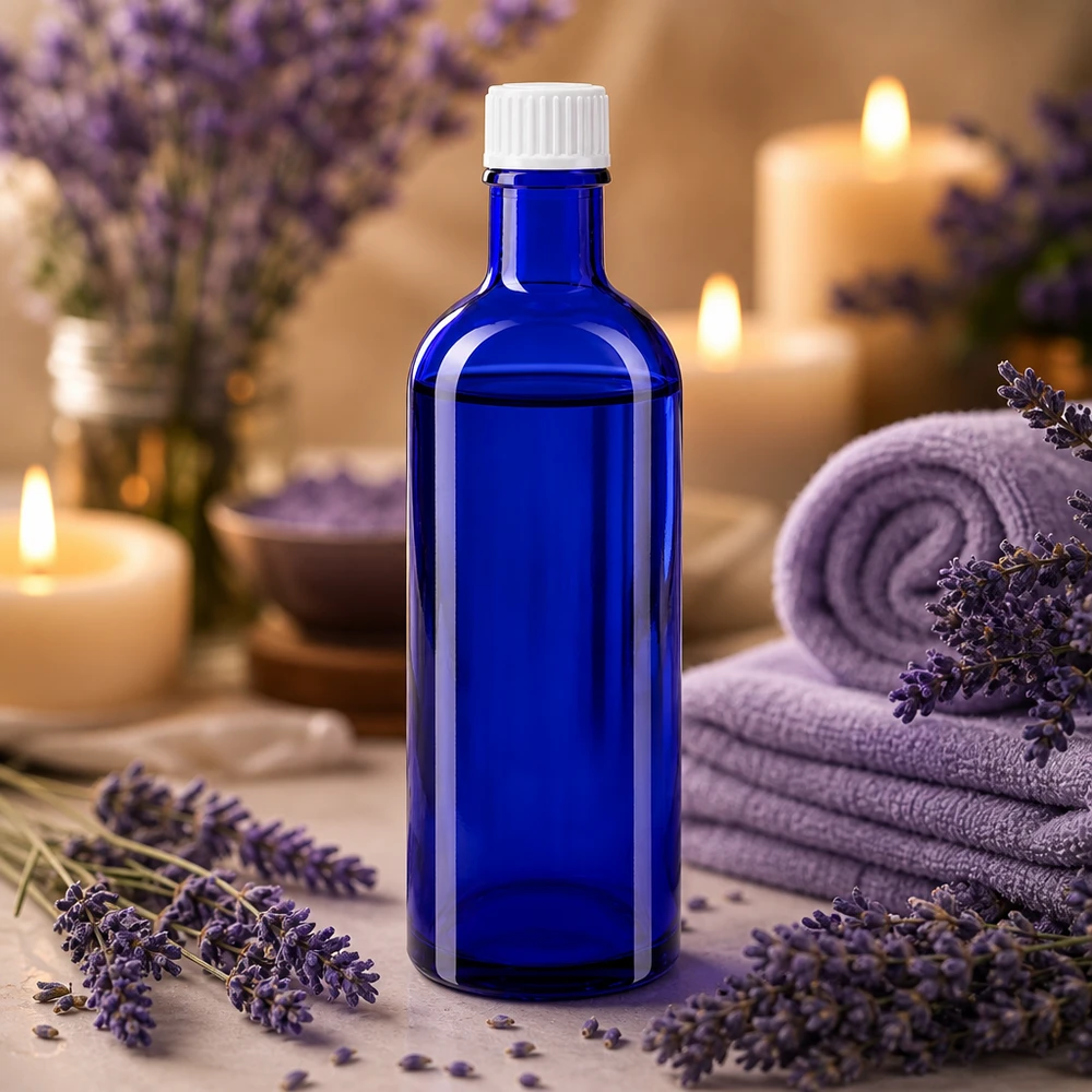 Flacon de pharmacie bleu 200ml bouchon vissable blanc standart Flacon en verre bleu cobalt de 200 ml avec bouchon à vis blanc pour huiles essentielles