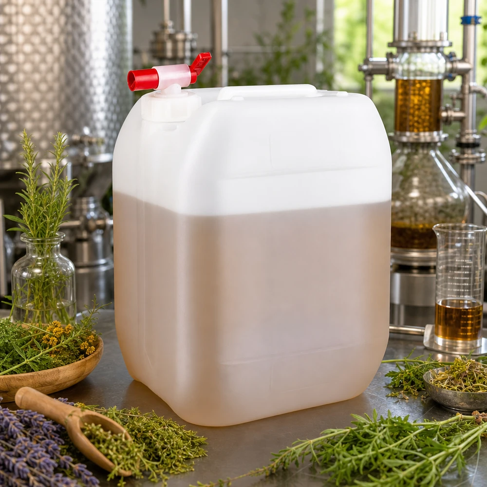 Bidon semi-transparent de 10 litres muni d'un robinet de vidange, entre des herbes fraîches et un alambic