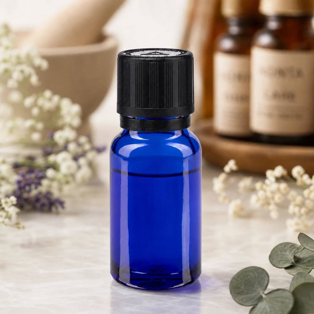 Flacon de pharmacie bleu 10ml bouchon inviolable blanc 1mm,séc. enf. bouchon inviolabilité Flacon compte-gouttes de 10 ml en verre de pharmacie bleu cobalt avec bouchon à vis noir pour huiles essentielles
