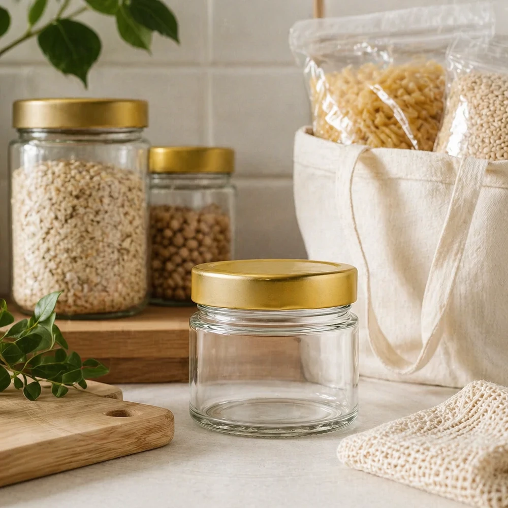 Petit bocal rond de 80ml avec couvercle BasicSeal gold deep dans un environnement de cuisine durable avec des ustensiles de stockage