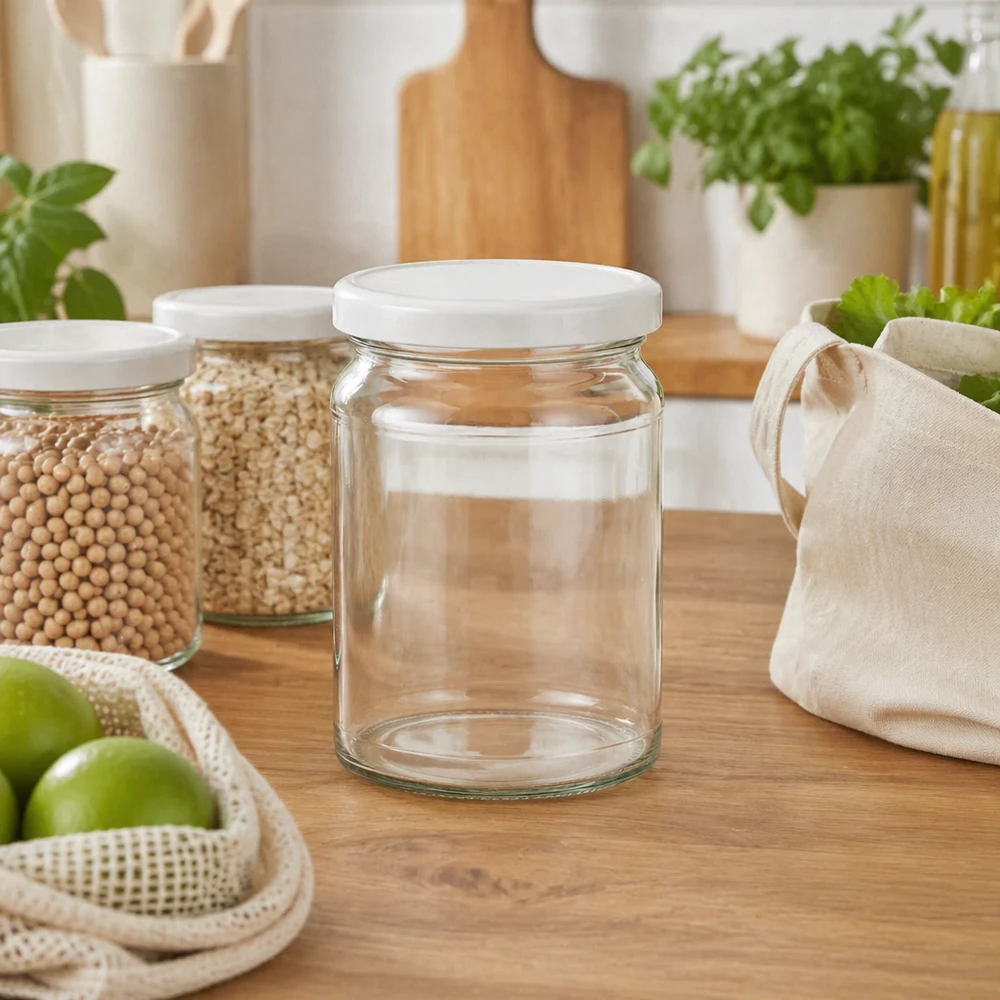 205ml Verre rond avec couvercle BasicSeal blanc UNiTWIST 205ml Rundglas UNiTWIST in nachhaltiger Zero-Waste Küche mit Getreide und Öko-Beuteln - umweltfreundliche Vorratshaltung