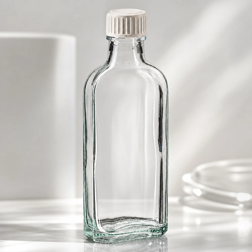 Flacon en verre transparent de 100 ml, de forme aplatie, muni d'un bouchon à vis blanc en PE