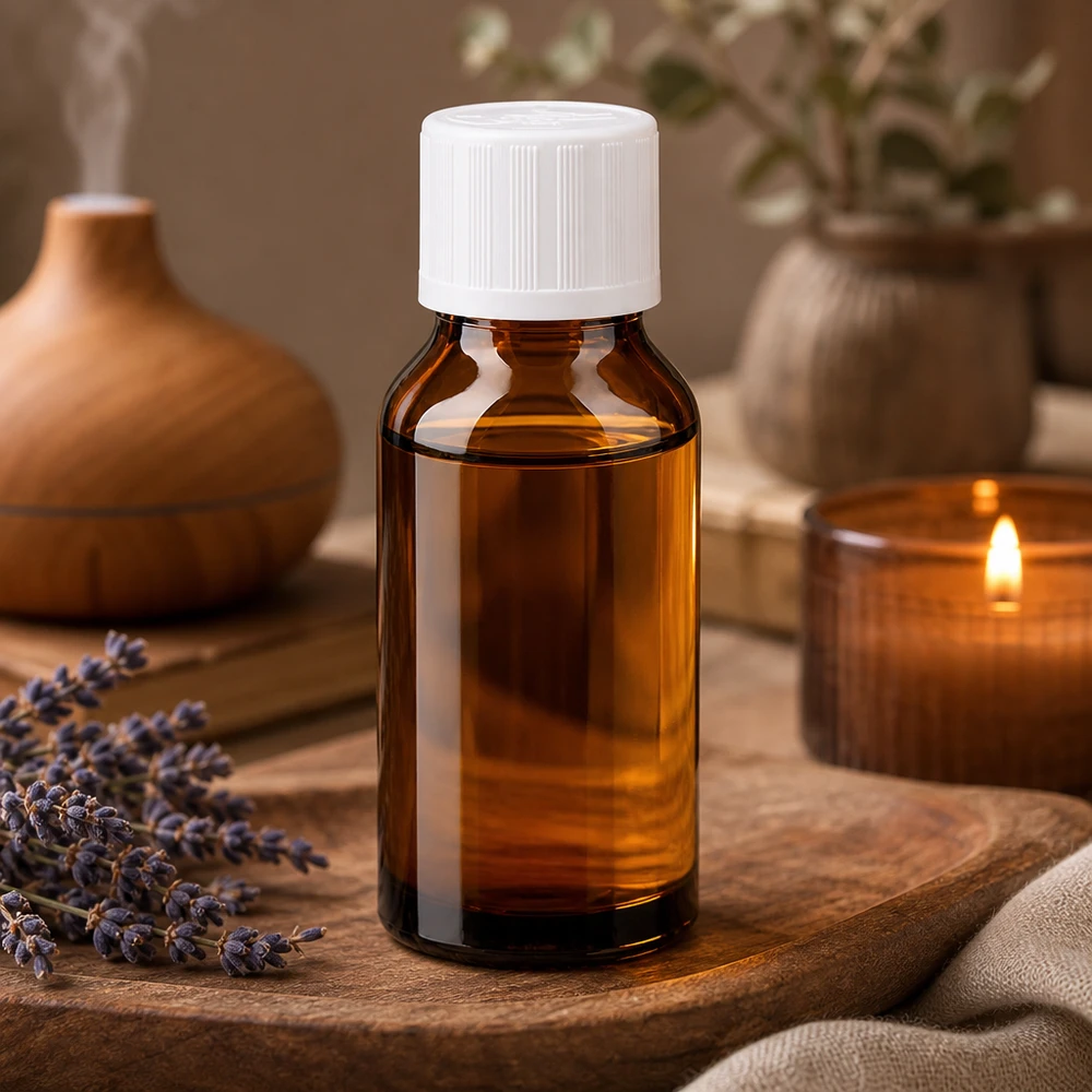 Flacon en verre ambré pour aromathérapie de 15 ml avec bouchon de sécurité blanc pour enfants, à côté d'une bougie et de lavande