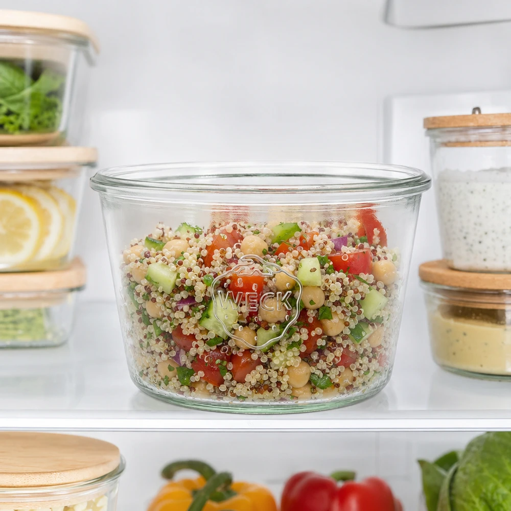 370ml bocal conique WECK RR100 WECK Pot renversé 370ml RR100 rempli de salade de quinoa au réfrigérateur pour la préparation des repas et la conservation des provisions