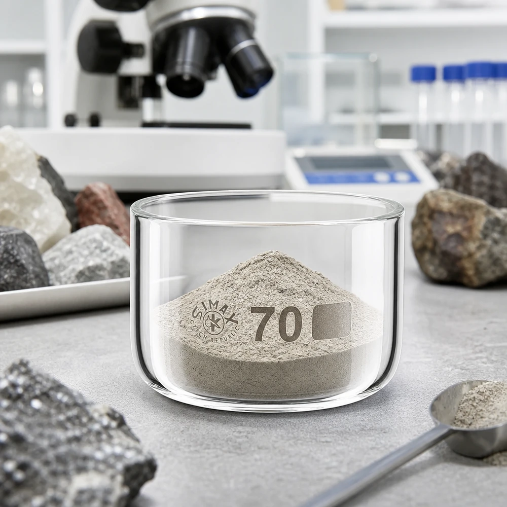 Coupelle de cristallisation Simax de 70 mm contenant de la poudre minérale grise, posée sur une paillasse de laboratoire à côté d'échantillons de roches et d'un microscope
