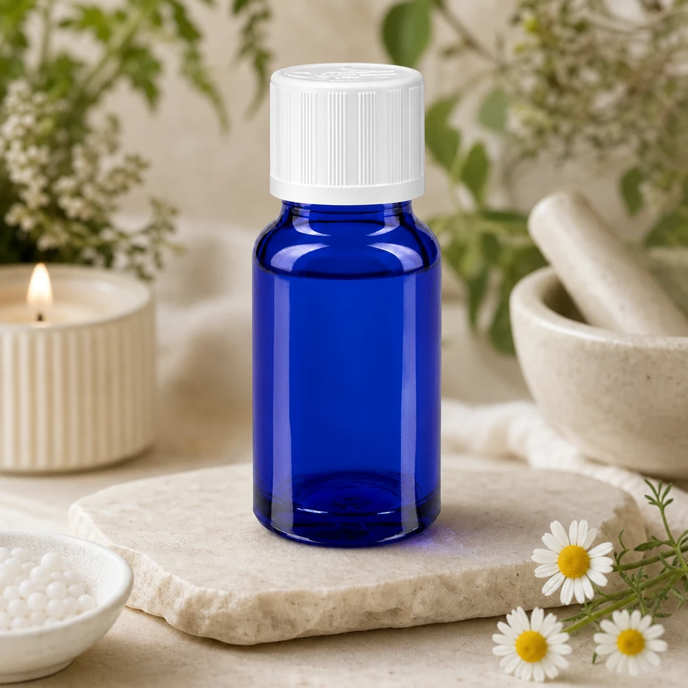 Flacon de pharmacie bleu de 10 ml muni d'un bouchon KiSi blanc, posé sur une dalle de pierre à côté de fleurs de camomille