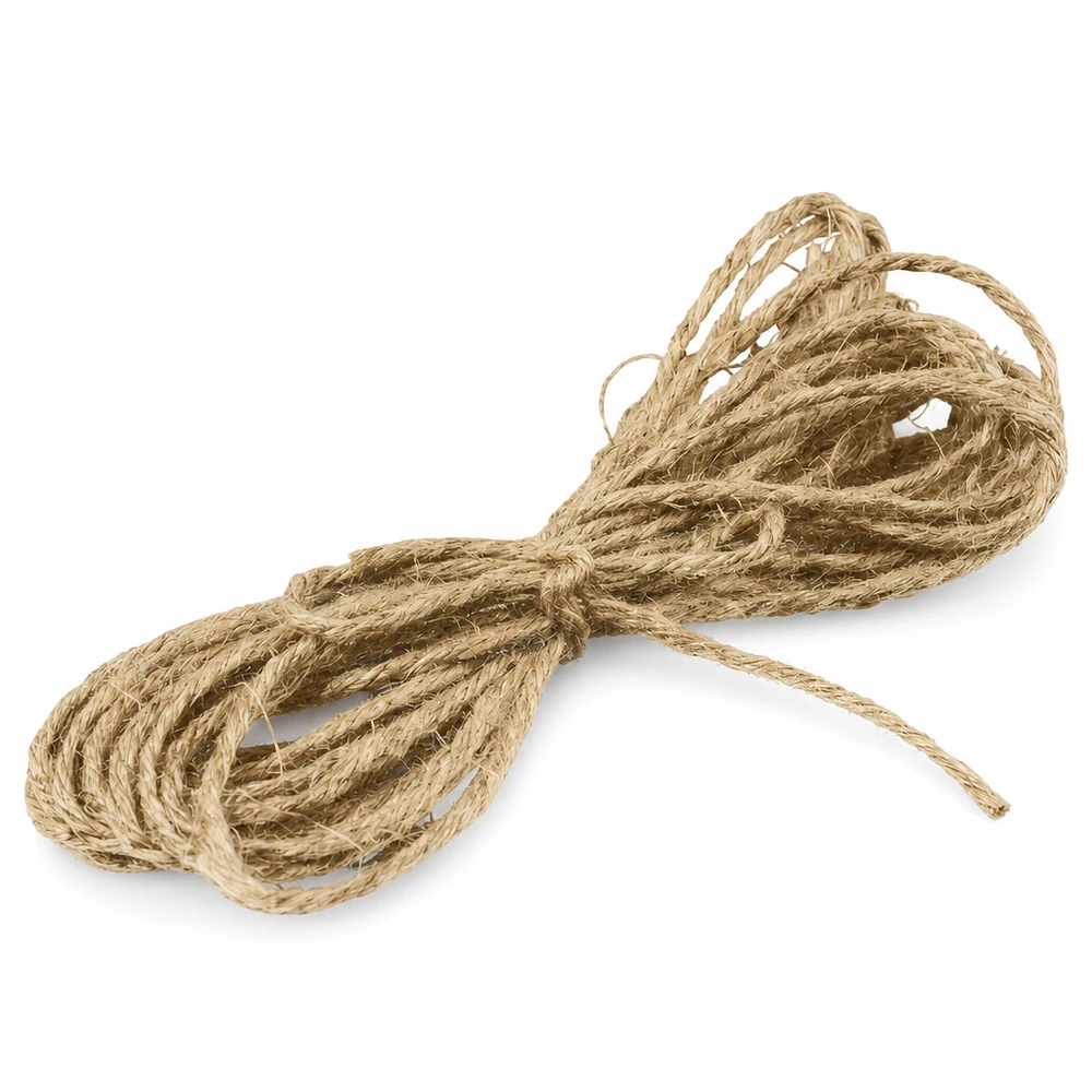 Corde naturelle en jute de 300cm de long pour décorer, roulée et nouée sur fond blanc