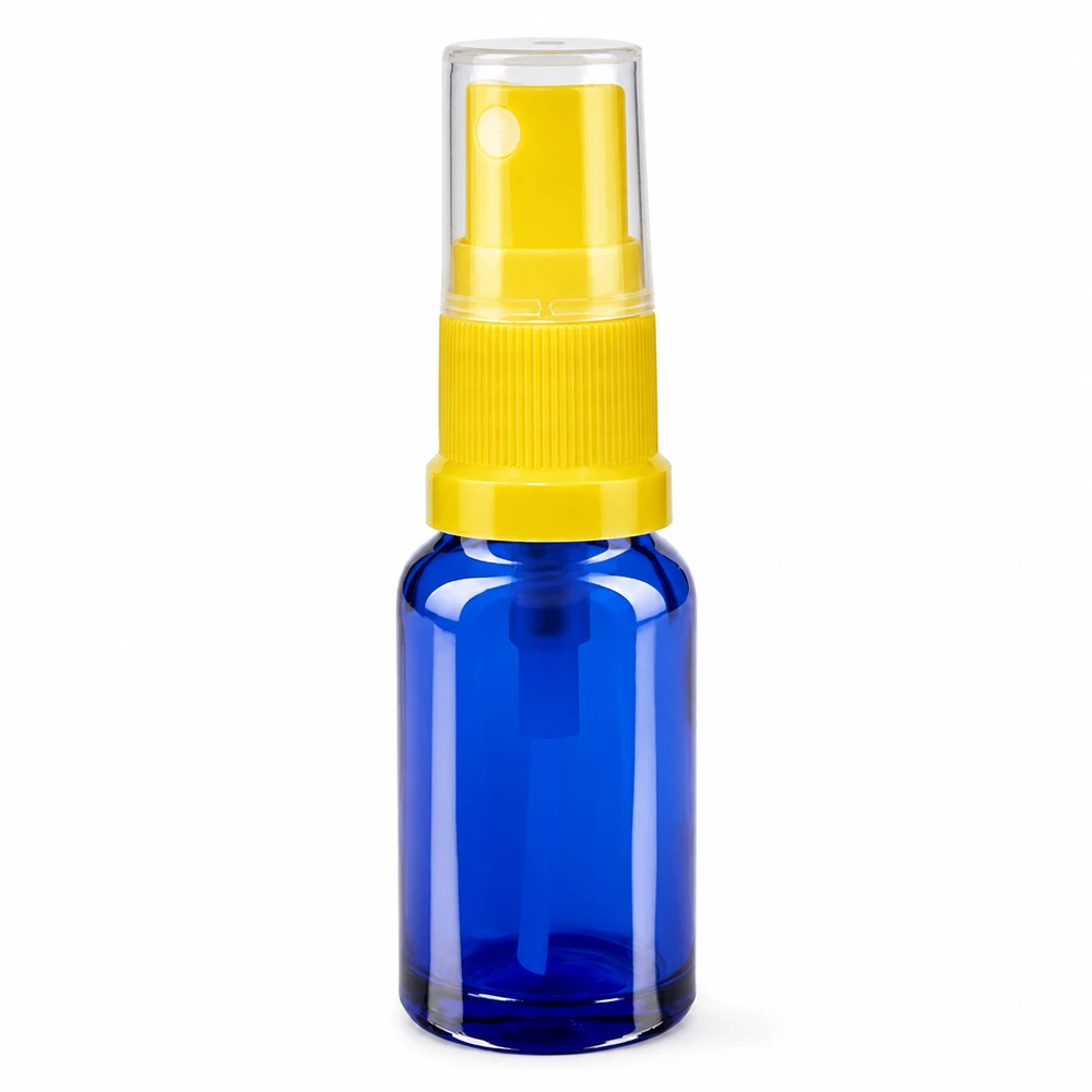 Flacon de pharmacie bleu 10ml embout spray jaune Flacon pulvérisateur en verre bleu de 10 ml avec pompe jaune et bouchon de protection transparent ApoGlas STD