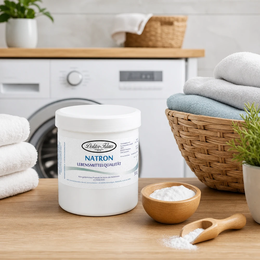 Bicarbonate de soude Doktor Klaus, en boîte blanche de 500 g, apte à l’utilisation alimentaire Bicarbonate de sodium Doktor Klaus 500g de poudre blanche dans une boîte de stockage pratique pour un nettoyage écologique