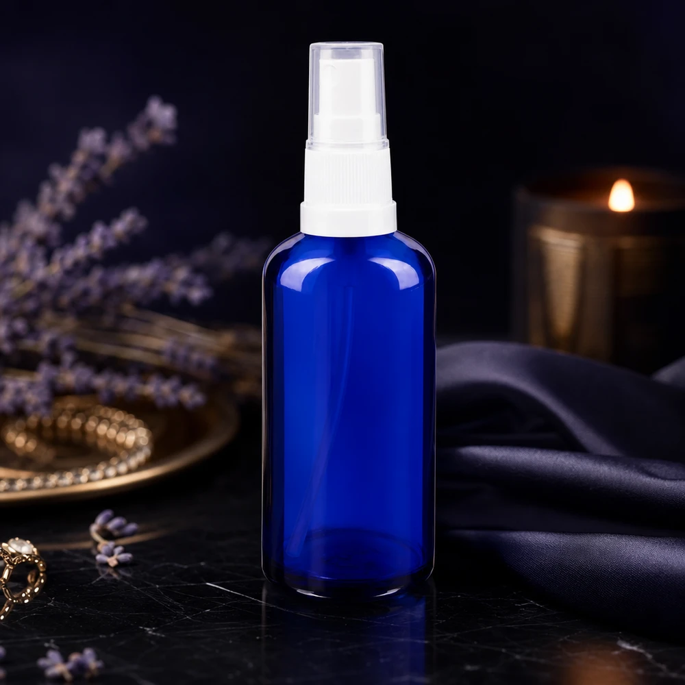 Flacon pulvérisateur de pharmacie de 50 ml, bleu cobalt, avec pompe blanche et décor lavande