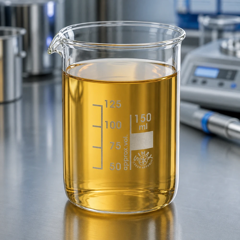 Bécher 150ml en verre borosilicate résistant à la chaleur (forme basse) Chimie Bécher 150ml forme basse avec solution ambrée sur poste de travail laboratoire