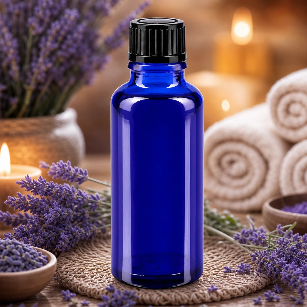 Flacon en verre bleu de 30 ml avec un bouchon noir, entouré de fleurs de lavande et de bougies
