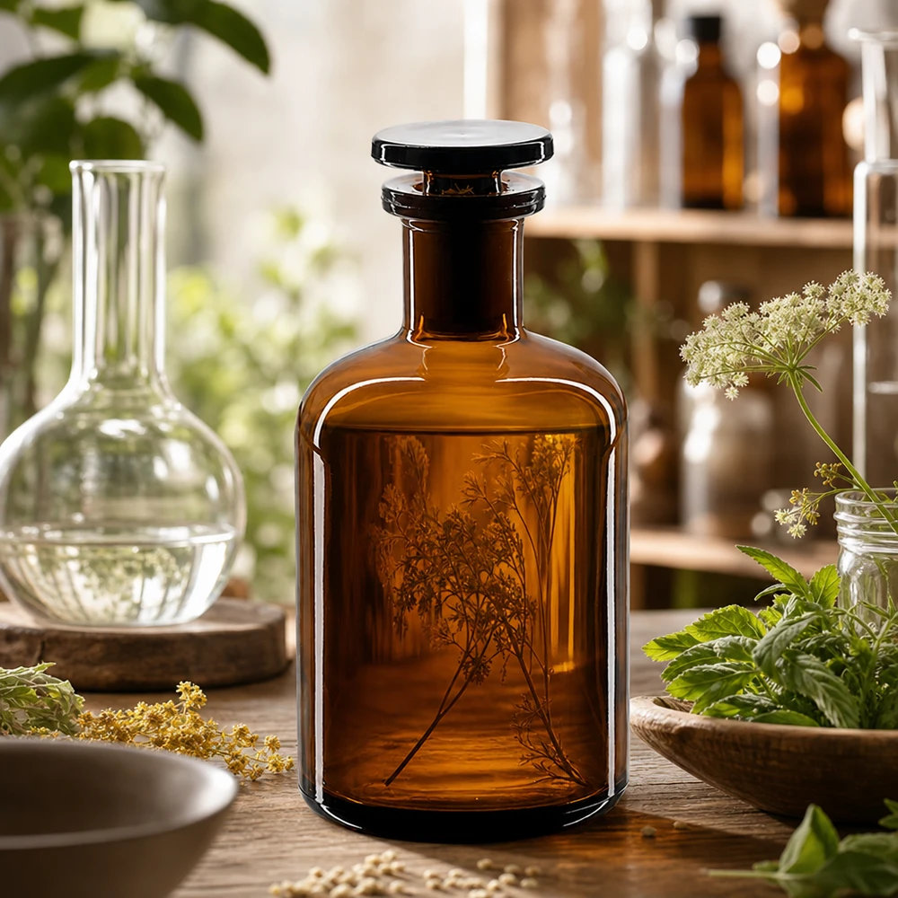Flacon pharmaceutique 100 ml col étroit en verre ambré + bouchon Flacon de laboratoire à col étroit de 100 ml, brun, muni d'un bouchon en verre, posé sur une table en bois recouverte de plantes médicinales