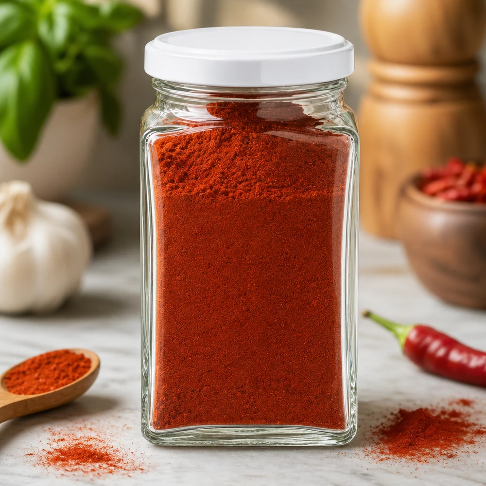 260ml Tetraglas avec couvercle BasicSeal blanc UNiTWIST Pot carré de 260ml rempli de poudre de paprika montre une utilisation pratique comme pot à épices avec couvercle blanc