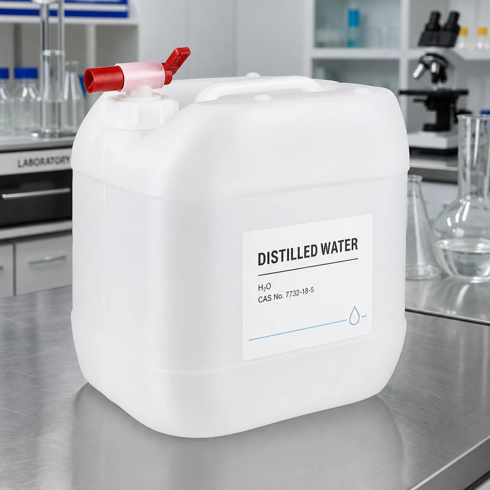Bidon de laboratoire de 15 litres contenant de l'eau distillée et muni d'un robinet de vidange rouge très pratique