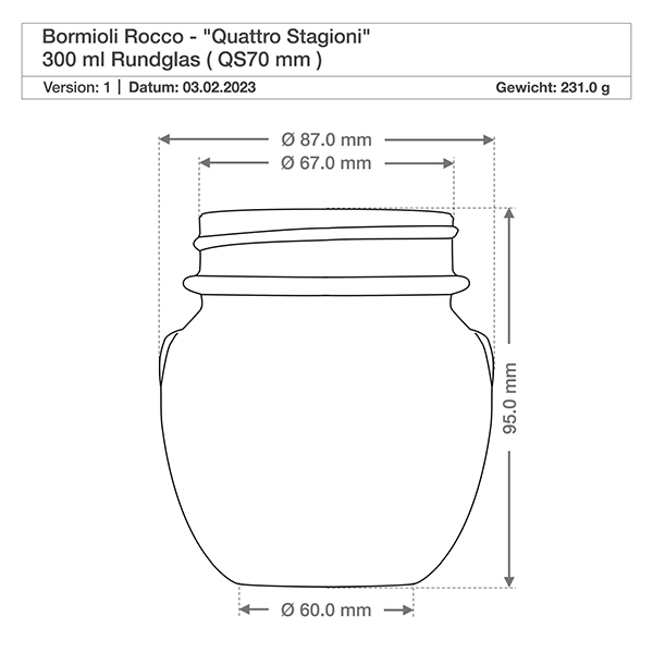 Verre rond 300ml « Quattro Stagioni » avec couvercle Dessin technique 300ml verre rond Quattro Stagioni avec dimensions et couvercle de Bormioli Rocco