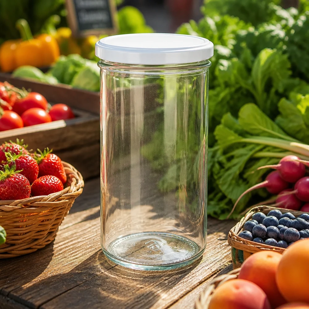 230ml Verre conique avec couvercle BasicSeal blanc UNiTWIST Pot renversé de 277 ml avec couvercle blanc sur une table en bois entourée de fruits et légumes frais - idéal pour la mise en conserve